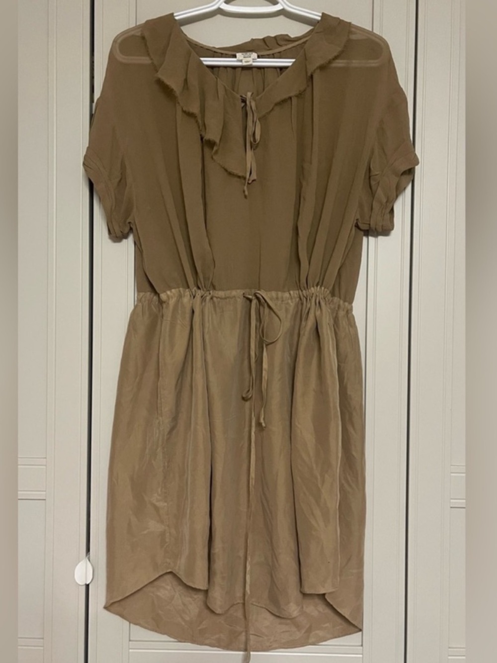 Women's Taupe Drawstring Waist Ruffle Dress